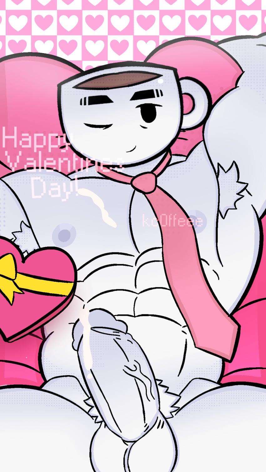 1boy armpit_hair armpits bara cum dick heart heart_symbol hearts_around_head kc0ffeee non-human non-human_head non-human_only object_head oc penis pink_background solo tired tired_eyes valentine's_day wink winking winking_at_viewer