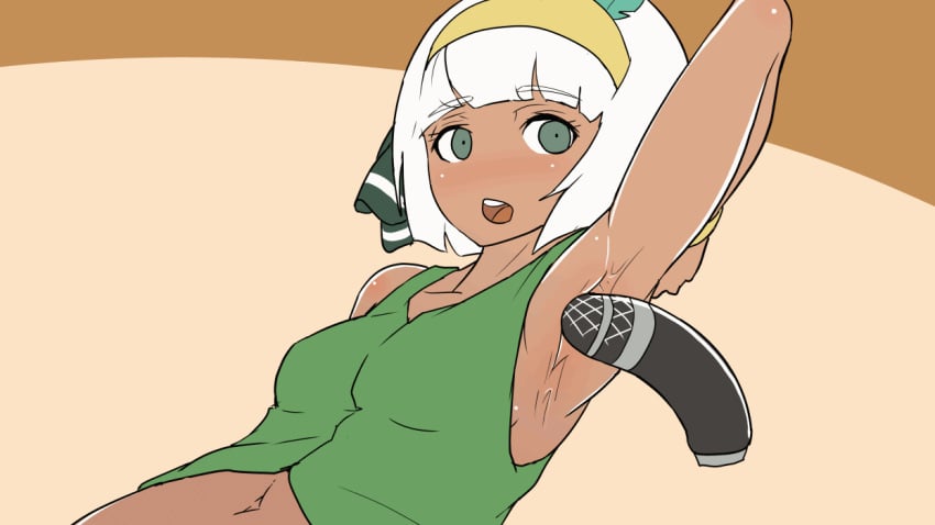 alternate_skin_color animated armpit_sex armpits asatsuki_(cookie) bandeau blush bracelet breasts cookie_(touhou) cum cum_on_upper_body cum_through_clothes cum_through_clothing cum_under_clothes cumming cumshot dark_skin ejaculation female green_eyes hairband leaf microphone navel no_nose oil open_mouth sexually_suggestive short_hair simple_background small_breasts smile sorry_carl sweat tan teeth tongue touhou vest white_background white_hair youmu_konpaku