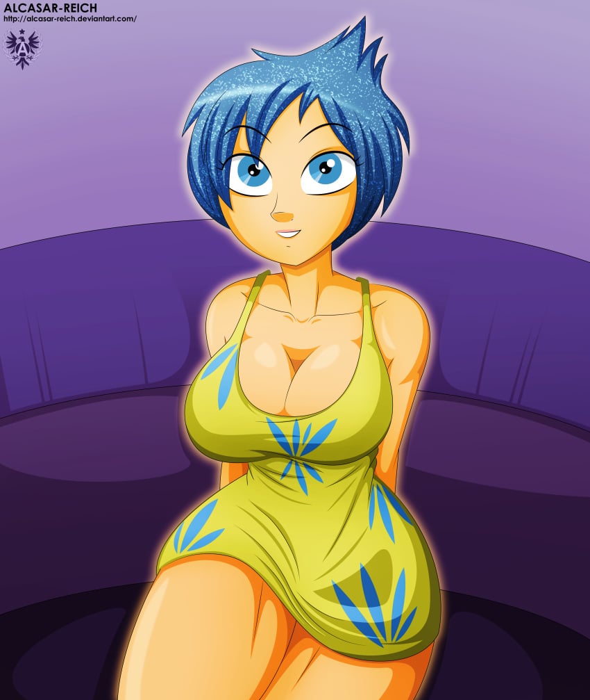 1girls alcasar-reich arms_behind_back bare_shoulders blue_eyes blue_hair breasts cleavage disney dress inside_out joy_(inside_out) large_breasts looking_at_viewer parted_lips pixar short_hair sitting smile thighs yellow_dress yellow_skin