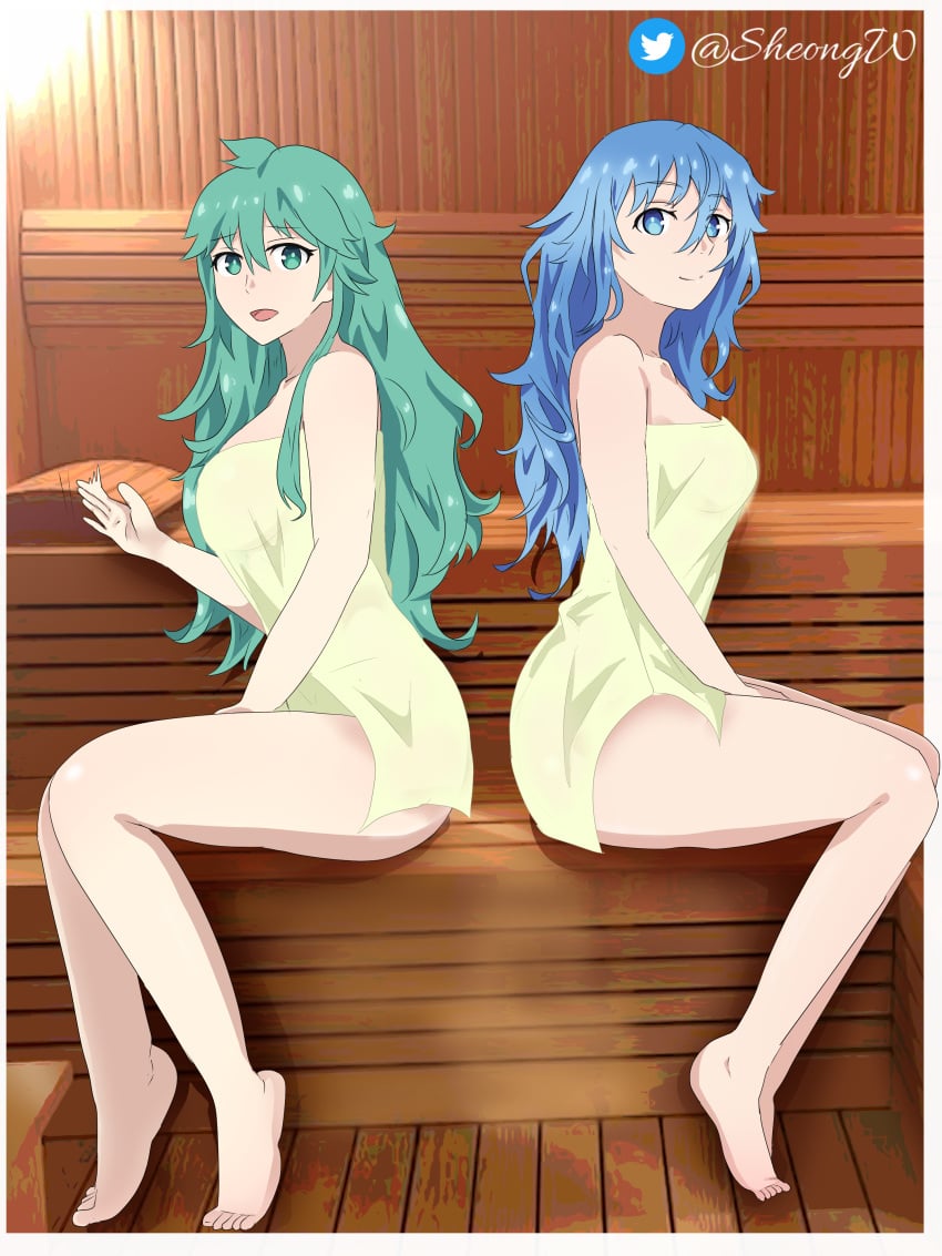 2girls bath blue_eyes blue_hair date_a_live female girl green_eyes green_hair kyouno_natsumi legs long_hair natsumi sheong_wong