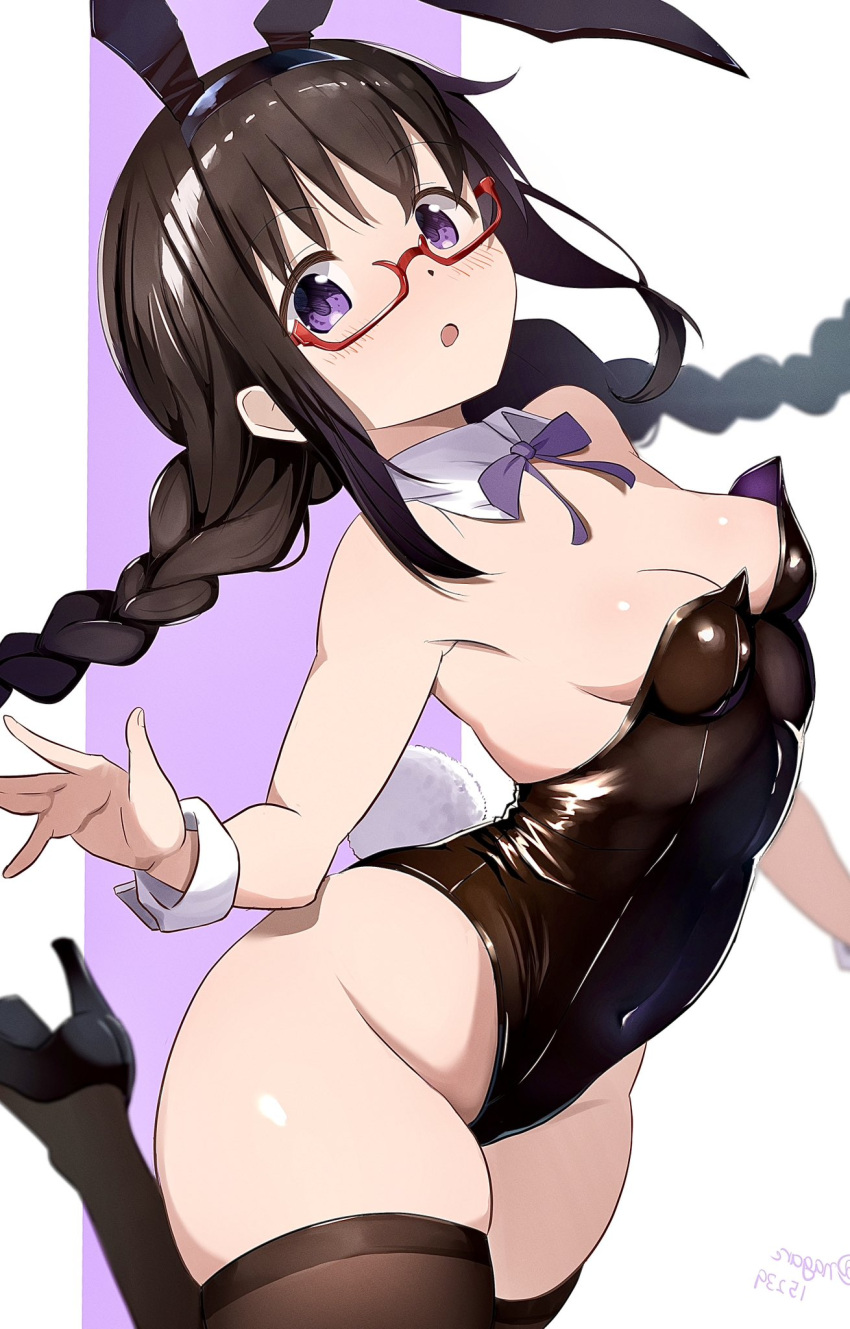 akemi_homura ass_visible_through_thighs bare_arms bare_shoulders belly_button_visible_through_clothing black_hair black_thighhighs blush body_blush braid breasts bunny_ears bunnysuit cleavage detached_collar glasses high_heels leg_up leotard long_hair mahou_shoujo_madoka_magica medium_breasts nagare_(flow) open_mouth purple_eyes rabbit_tail ribbon shiny_skin sideboob strapless strapless_leotard thick_thighs thighhighs thighs twin_braids wrist_cuffs