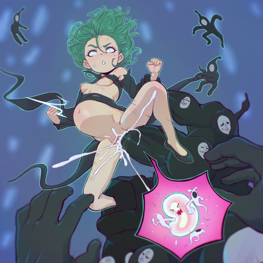 1boy 1girls black_sperm eco19 female female_focus green_eyes green_hair monster one-punch_man pale-skinned_female pale_skin ripped_clothing short_hair small_breasts solo solo_female solo_focus tatsumaki vaginal_insertion vaginal_penetration vaginal_sex