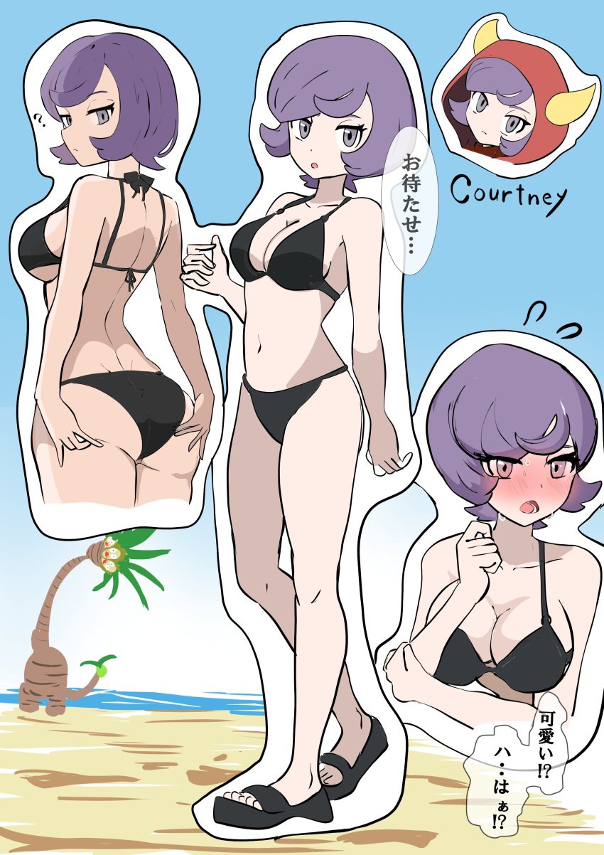 1girls alolan_exeggutor beach bikini blush booty bra breasts cleavage clothed clothing courtney_(pokemon) courtney_(pokemon_oras) creatures_(company) female female_focus female_only game_freak japanese_text medium_breasts mukuhookusuki nintendo nude outdoors pokemon pokemon_oras pokemon_rse short_purple_hair solo_focus team_magma video_games