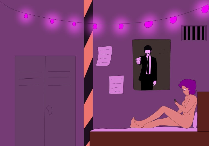 barefoot bedroom breasts completely_nude_female emo_girl full_body humanized looking_at_phone murder_drones naked_female nipples no_sex purple_hair simple_background simple_coloring sitting_on_bed tired_expression uzi_(murder_drones)