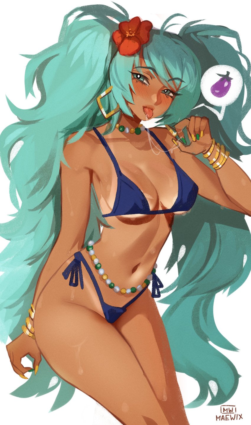 1girls absurd_res bikini blep blue_bikini brazil brazilian brazilian_female brazilian_miku clothed clothing earrings female female_only flower_in_hair green_eyes green_hair hatsune_miku latin_american_hatsune_miku_(meme) long_hair looking_at_viewer maewix1 meme narrowed_eyes saliva saliva_trail solo tan_body tan_skin tanline tongue_out twintails v_sign vocaloid white_background