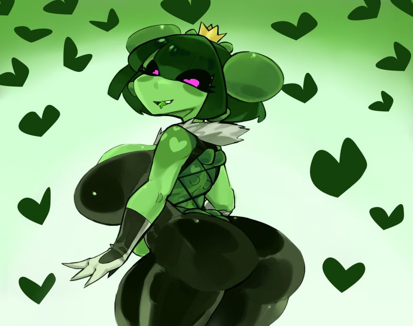 alien alien_girl angel_dark_uwu ass_focus back_view ben_10 black_sclera chaquetrix crown female female_only fluffy_collar gloves gourmand green_hair green_skin heart-shaped_pupils heart_eyes hearts_in_background open_back pink_eyes short_hair solo solo_female upchuck