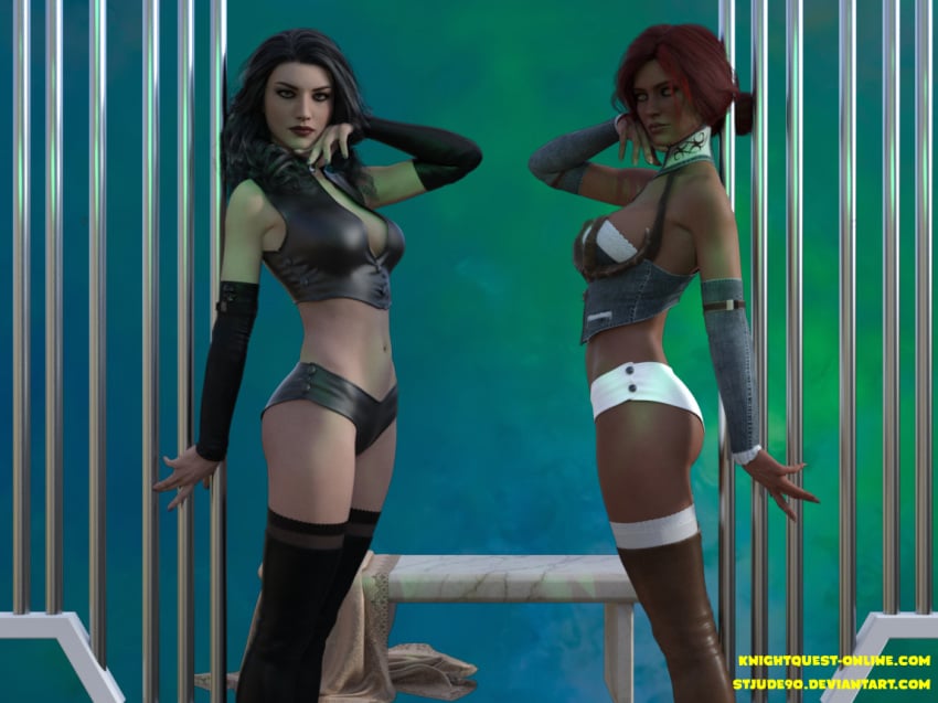 2girls 3d black_hair black_panties daz_studio panties red_hair stjude90 the_witcher_(series) the_witcher_3:_wild_hunt thighhighs triss_merigold white_panties yennefer