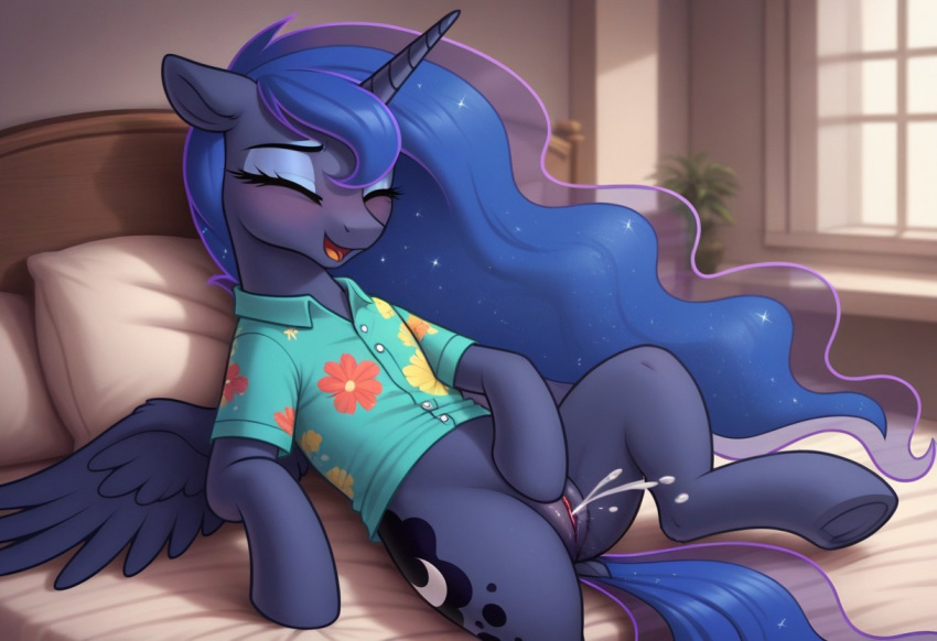 ai_generated alicorn blue_body blue_fur blue_hair equid equine female feral feral_only friendship_is_magic furry inumbralunaest my_little_pony princess_luna_(mlp) pussy pussy_juice