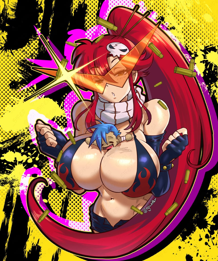 1boy 1girls between_breasts big_breasts bikini breasts gainax huge_breasts kamina large_breasts ogi_sifer red_hair tengen_toppa_gurren_lagann wide_hips yellow_eyes yoko_littner