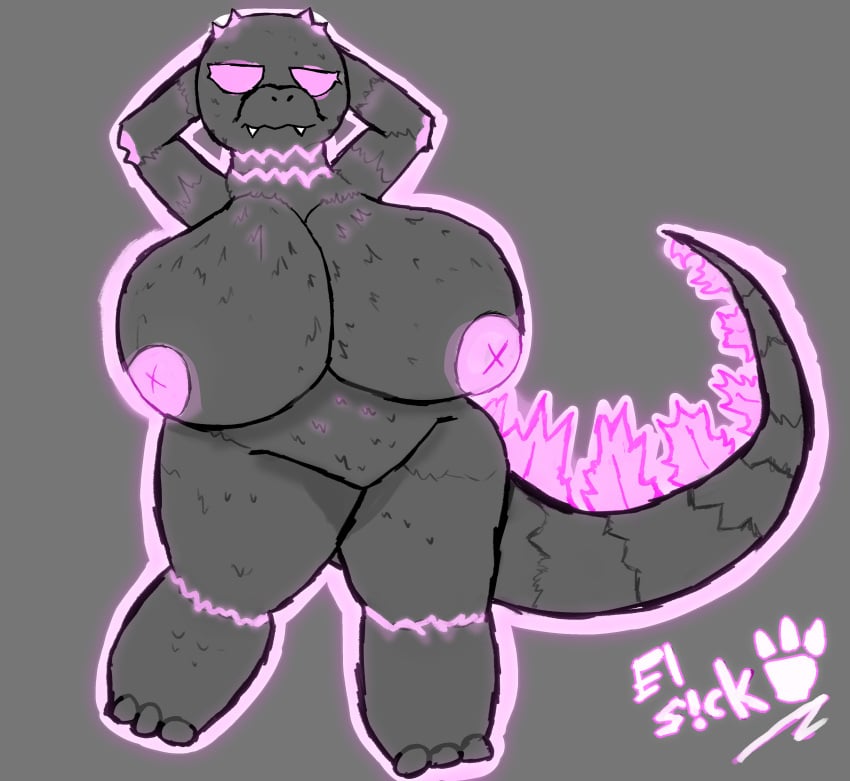 el_sick fanart furry glowing glowing_nipples godzilla godzilla_(series) godzilla_x_kong:_the_new_empire grey_skin kaiju reptile thick_legs thick_thighs