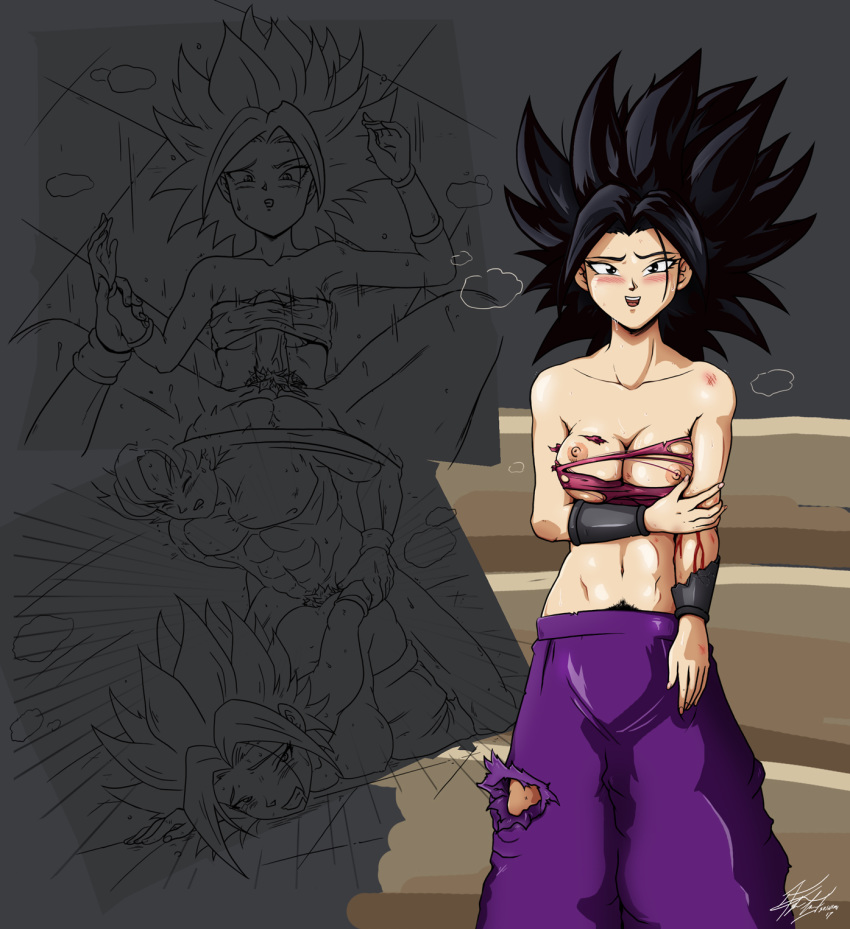 1boy 1girls all_fours black_hair blush breasts caulifla clothing_damage doggy_style dragon_ball dragon_ball_super female goku male nipples paizuri saiyan sex son_goku sos_(soshimi) straight super_saiyan topless universe_6 universe_6/universe_7 universe_6_saiyan/universe_7_saiyan