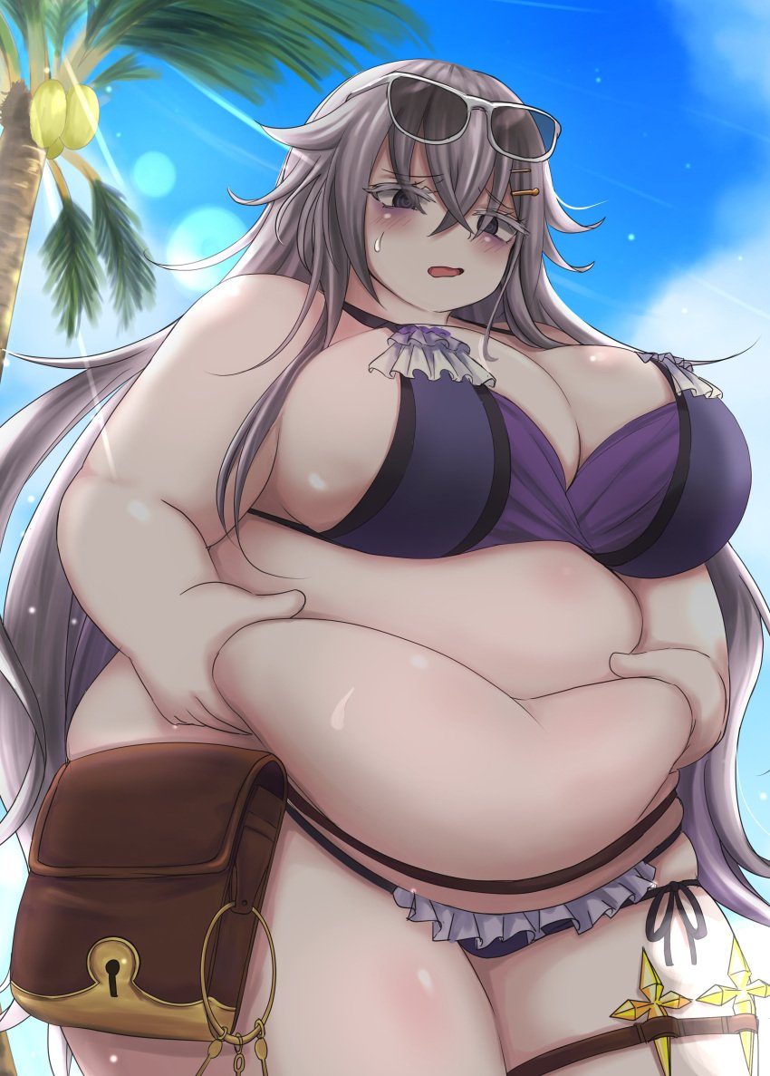 2d 2d_(artwork) 2d_artwork @_@ absurd_res absurdres annoyed annoyed_expression ass_length_hair backboob bag bags_under_eyes bare_shoulders belly belly_fat belly_grab big_breasts big_legs big_thighs bikini blush breasts breasts_bigger_than_head chubby chubby_female cleavage coconut coconut_tree cowboy_shot cross curvaceous curvy curvy_female curvy_figure d: embarrassed embarrassed_face embarrassed_female exposed_fat_belly fat fatty female female_focus female_only flower_knight_girl frilled_bikini frills grabbing_belly gray_hair grey_hair hair_between_eyes hair_ornament hairpin hi_res highres huge_breasts huge_legs huge_thighs key large_breasts large_legs large_thighs long_hair massive_thighs messy_hair navel obese obese_female official_alternate_costume open_mouth outdoors overweight overweight_female palm_tree plump purple_bikini satchel shiny_skin sideboob sidelocks sigillaria_(flower_knight_girl) silver_hair skindentation sky solo solo_female solo_focus standing stomach stomach_grab string_bikini sunglasses sunglasses_on_head sweatdrop swimsuit thick_arms thick_legs thick_thighs thigh_strap thighs thunder_thighs tree twitter_link very_long_hair voluptuous voluptuous_female weight_conscious weight_gain yutagami