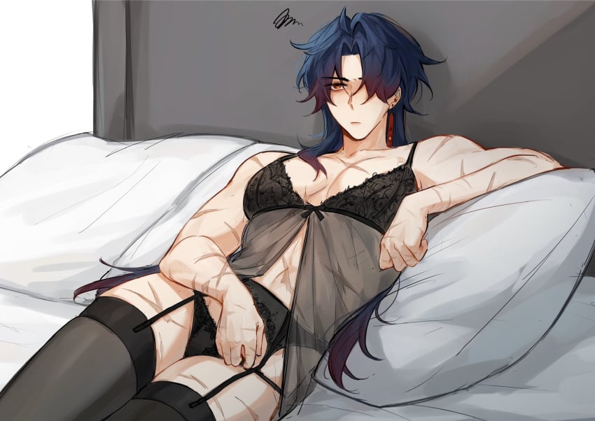 black_lingerie blade_(honkai:_star_rail) bra cuntboy dark_hair honkai:_star_rail intersex laying_down laying_on_bed lingerie long_hair muscular panties rin65303010 scars scars_all_over stockings