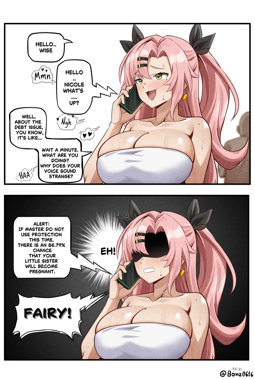 1girls belle_(zenless_zone_zero) big_breasts bonz_(bonz0616) breasts cheating cleavage dialogue english_text female huge_breasts implied_sex impregnation_risk incest large_breasts light-skinned_female light_skin nicole_demara on_phone phone pink_hair text wise_(zenless_zone_zero) zenless_zone_zero