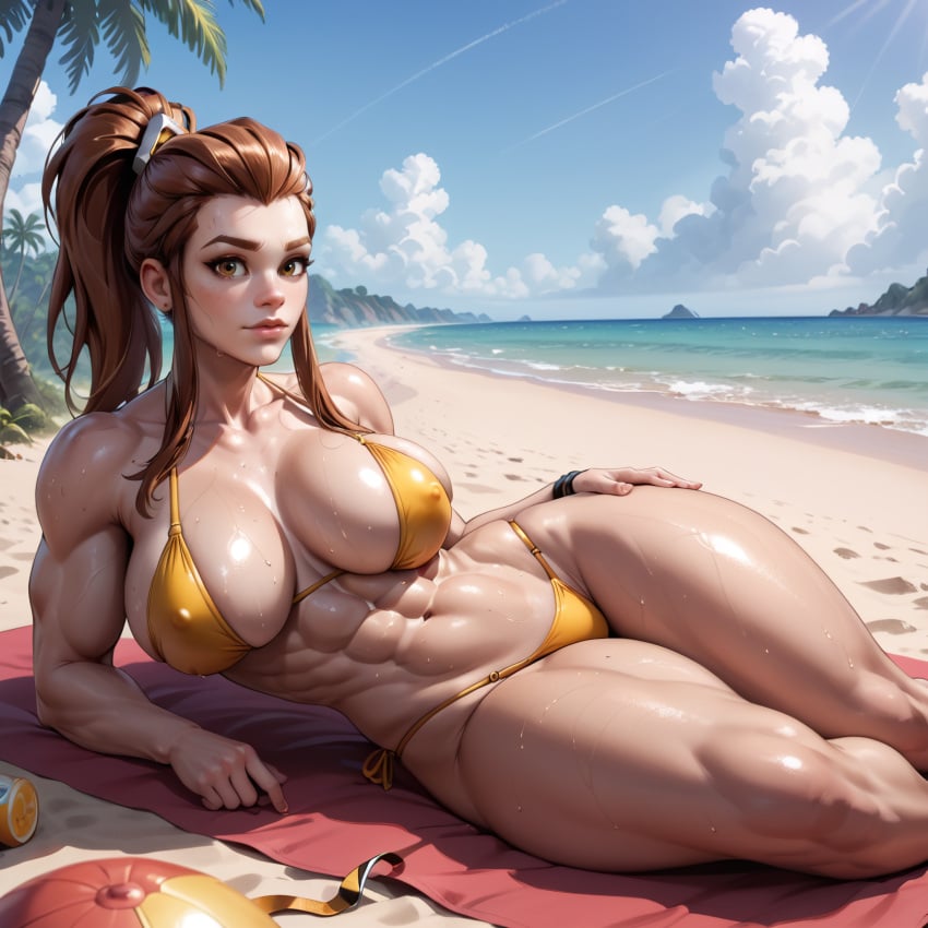 abs ai_generated beach big_breasts bikini brigitte eogard_orc looking_at_viewer muscular_female overwatch relaxing sunbathing sweating