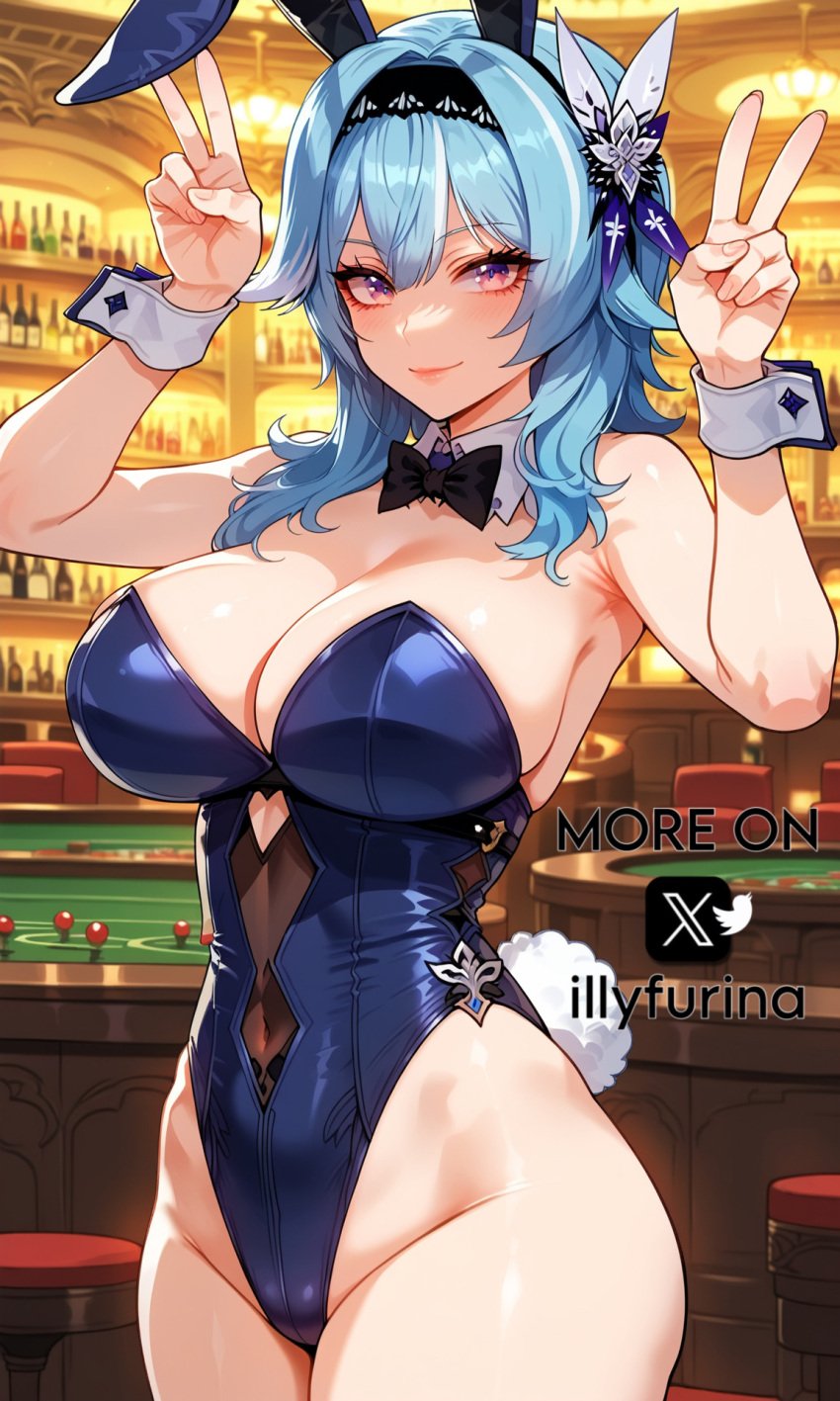 ai_generated armpits arms_up ass ass bangs bangs_over_eyes big_breasts big_breasts blue_hair bunny_costume bunny_ear bunny_ears bunny_girl bunny_tail bunnysuit chocker collar covered_breasts eula_(genshin_impact) genshin_impact hands_up huge_boobs huge_breasts illyfurina leotard long_sleeves milf peace_sign playboy_bunny playboy_bunny_leotard playboy_outfit purple_eyes seducing seduction seductive seductive_body seductive_eyes seductive_gaze seductive_look seductive_mouth seductive_pose seductive_smile smile smiling smiling_at_viewer stable_diffusion standing standing_up thighs waifu_diffusion waist watermark