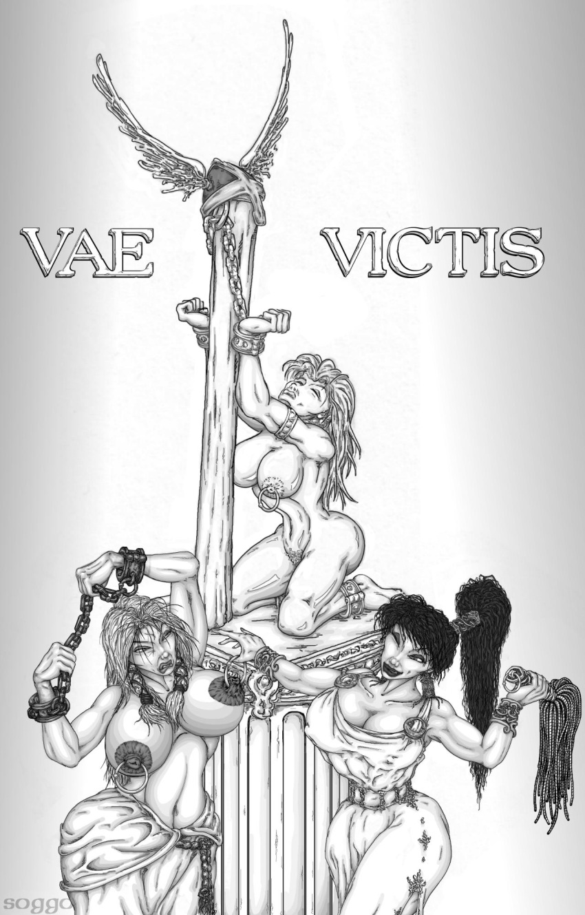 ancient_rome ankle_cuffs arms_up black_and_white bondage breasts chains cuffs female femdom femsub flogger kneeling large_areolae multiple_girls nipple_piercing nipple_pull nipples slave slavegirl soggo statue topless wrist_cuffs yuri