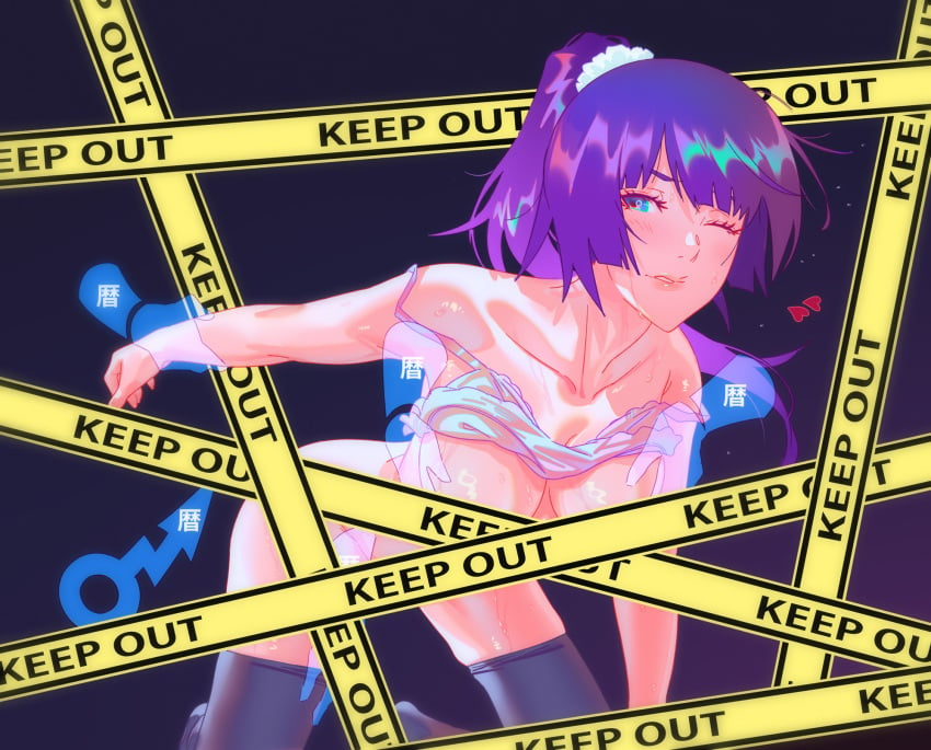 all_fours black_thighhighs blue_eyes breasts caution_tape censored collarbone disembodied_hand eyelashes female gradient_background groping hair_ornament hair_scrunchie highres holding_another's_wrist long_hair medium_breasts monogatari_(series) nisemonogatari one_eye_closed parted_lips ponytail purple_background rapa_rachi scrunchie senjougahara_hitagi skindentation solo_focus sweatdrop thighhighs torn_clothes