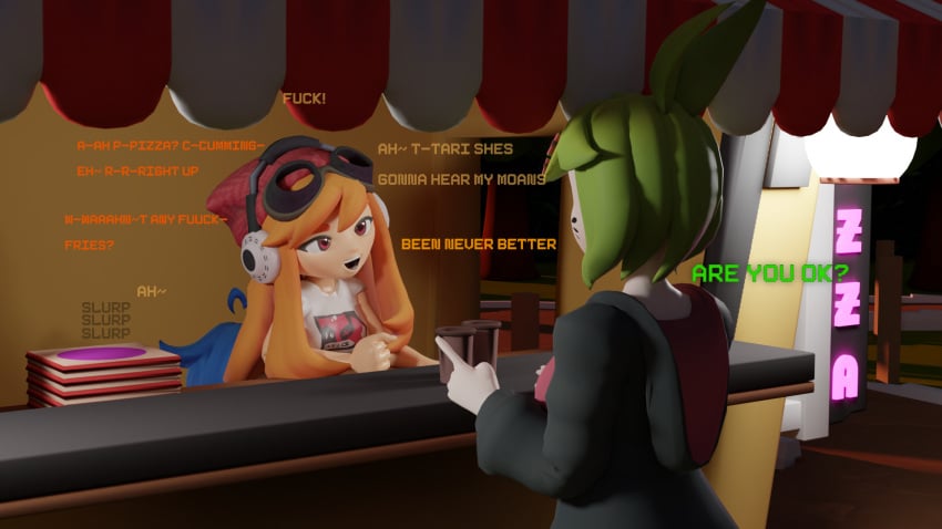 1080p 3d 3d_(artwork) blender blender_cycles crop_top customer exhibitionism exhibitionist ginger ginger_hair green_hair hidden human_meggy leaning_forward leaning_on_object licking_pussy meggy_spletzer melony_(smg4) night no_panties no_pants secret_sex smg4 squid_fm tari_(smg4)