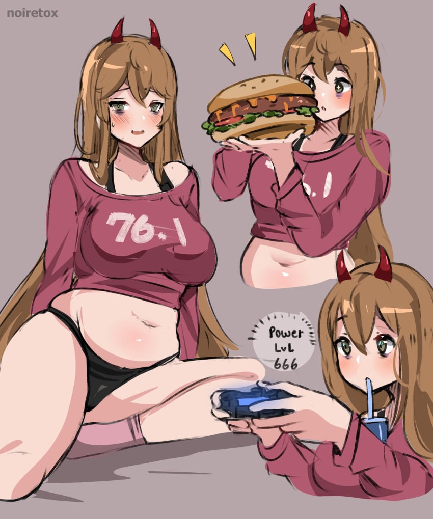 1girls absurd_res breasts brown_hair burger chainsaw_man cosplay demon_horns hi_res horns large_breasts neet_girl_(noiretox) noiretox power_(chainsaw_man) power_(chainsaw_man)_(cosplay) thighs underwear