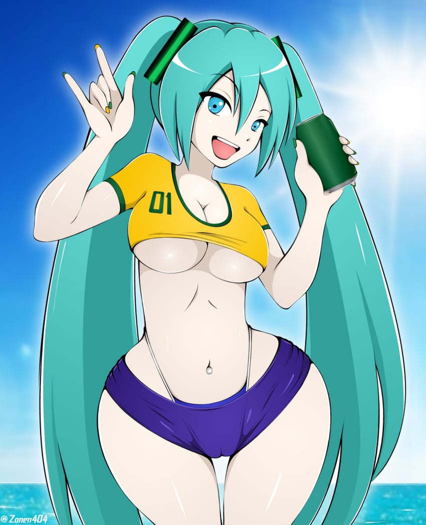 1girls beach blue_eyes blue_hair brazil brazilian brazilian_female brazilian_miku clothed clothing crop_top cyan_eyes cyan_hair hatsune_miku holding_object jersey light-skinned_female light_skin looking_at_viewer painted_nails pierced_belly_button piercing pov pov_eye_contact short_shorts shorts sky soccer_jersey solo solo_female solo_focus thong twintails vocaloid watermark wide_hips zonen404