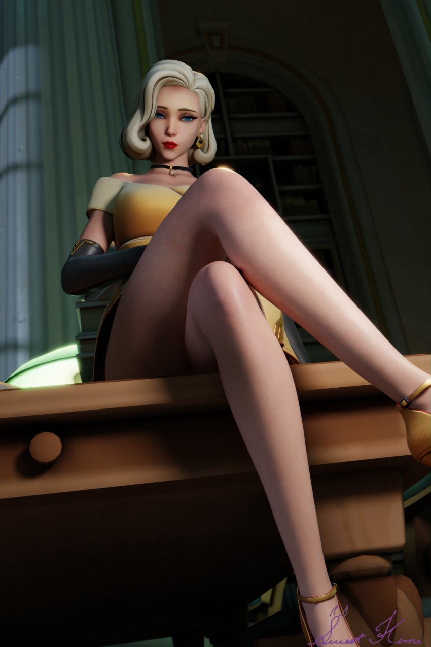 3d arm_sleeves blonde_hair blue_eyes crossed_legs desk dress earrings formalwear_mercy gold_dress gold_earrings heels high_heels library lipstick looking_at_viewer looking_down mercy necklace overwatch overwatch_2 pearl_necklace sweethime thighs