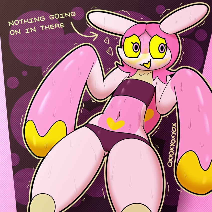 blush blushing bug_(sodabug) cameltoe embarrassed female female_focus flat_chest insect_humanoid mantis nervous nervous_smile oxyoxyoxyox pink_hair pink_iris yellow_sclera