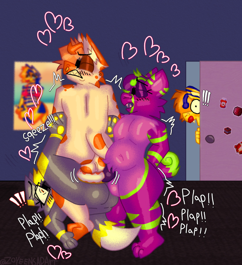 antennae anthro anthro_on_anthro blush caught caught_in_the_act creamsicle_(zoyeensadart) door door_open eyelashes fur glasses grape_(zoyeensadart) green_fur grey_fur honeycomb_(zoyeensadart) hybrid hyena knot knotted_penis orange_fur original_species poster_(object) purple_fur purple_penis sharp_teeth stickers surprised tail white_fur wolf worried yellow_fur zo_(zoyeensadart) zoyeensadart