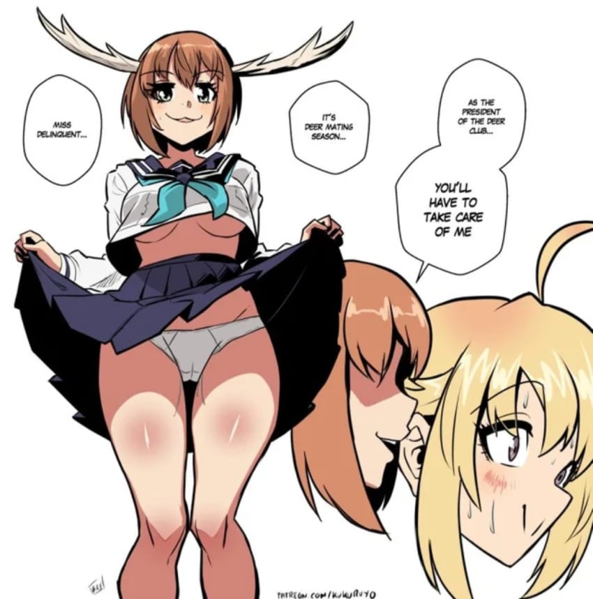 deer_girl imminent_sex implied_sex koshi_torako kukuruyo lifting_skirt mating_season shikanoko_noko shikanoko_nokonoko_koshitantan underboob whispering yuri