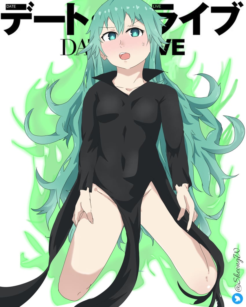 1girls date_a_live female female_only full_body green_eyes green_hair kyouno_natsumi long_hair one-punch_man open_mouth sheong_wong solo tatsumaki_(cosplay)