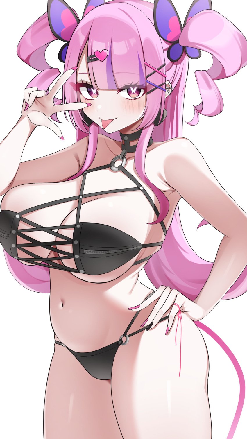 :p bikini black_bikini blush bombergirl butterfly-shaped_pupils chase_chase_jokers chiamo_(chase_chase_jokers) choker female hand_on_hip huge_breasts multi-strapped_bikini nail_polish painted_nails tease w