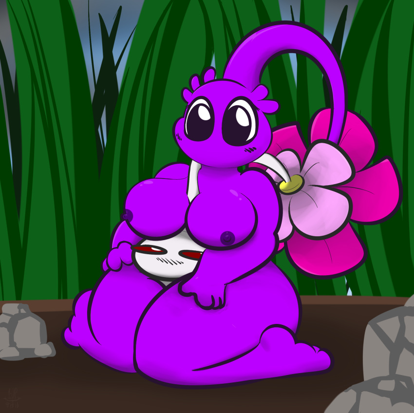 1-upclock anthro big_breasts blush breasts duo female flower huge_breasts male nintendo nipples nude pikmin pikmin_(species) plant purple_pikmin red_eyes simple_background straight thick_thighs video_games white_pikmin