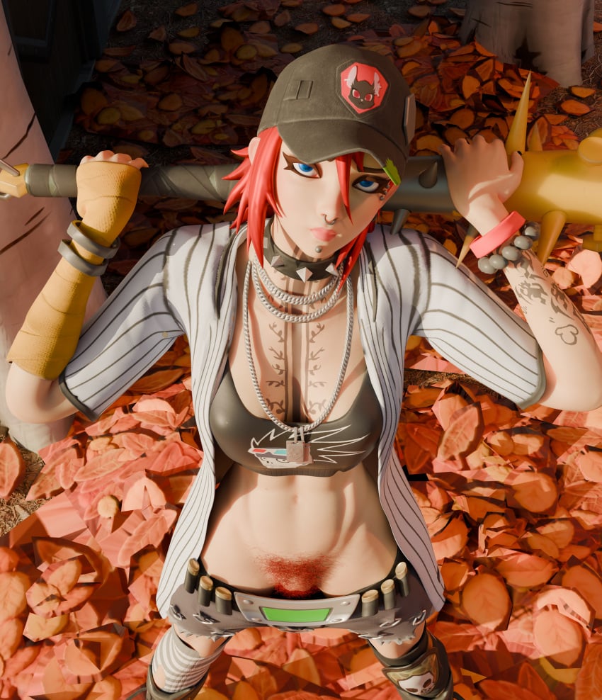 3d baseball_bat baseball_cap blender dusty_(fortnite) fortnite haziest_mirage looking_at_viewer mostly_clothed pubic_hair red_hair shorts_down tattoos