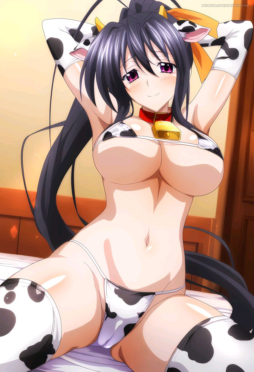 1female 1girls ahoge ai_generated aianimearthd akeno_himejima bangs big_breasts bikini bikini_bottom breasts commentary_request english_commentary female female_focus female_only hi_res high_school_dxd highres light-skinned_female light_skin looking_at_viewer mixed-language_commentary ponytail print_bikini solo solo_female solo_focus very_high_resolution very_long_hair very_long_hair_female