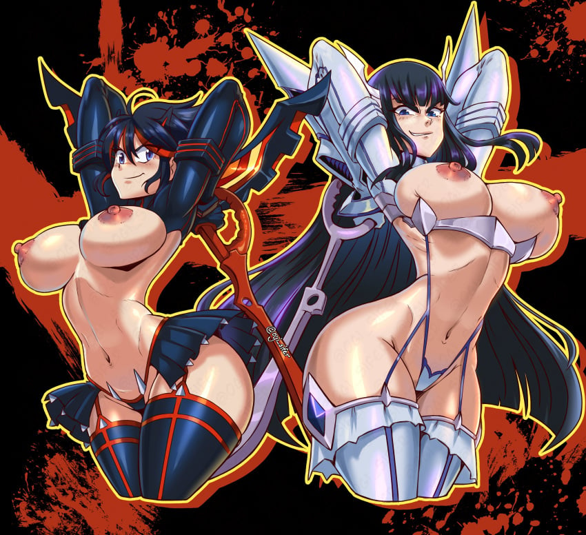 2girls ass black_hair blue_eyes female_only huge_ass huge_breasts junketsu kill_la_kill kiryuuin_satsuki large_breasts matoi_ryuuko nipples ogi_sifer senketsu thick_thighs thighs wide_hips