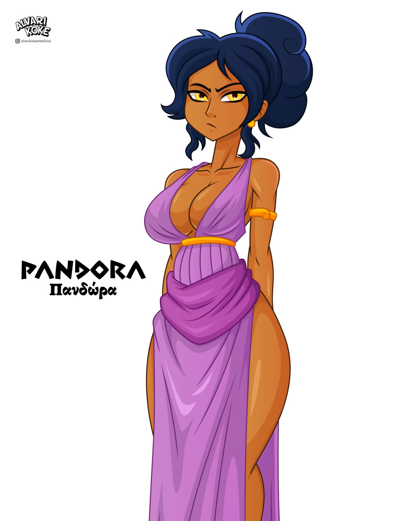 1girls alvarikokearte big_breasts black_hair breasts cleavage clothed clothed_female clothing collarbone dark-skinned_female dark_skin female female_focus female_only greek_mythology hair hi_res human large_breasts mythology original original_character pandora_(alvarikokearte) solo solo_female wide_hips yellow_eyes