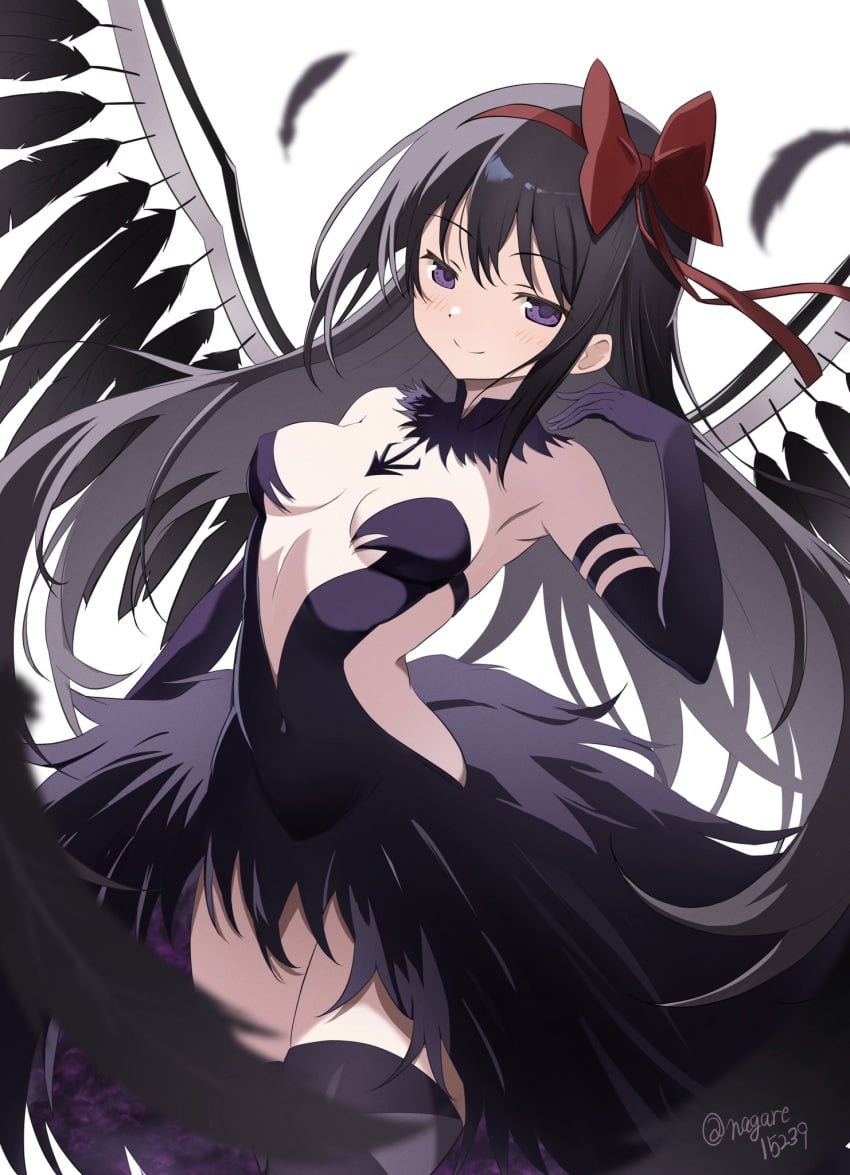 akemi_homura akuma_homura argyle_clothes argyle_legwear armpits bare_shoulders belly_button_visible_through_clothing black_hair black_wings blush breasts choker cleavage closed_mouth dress elbow_gloves feathered_wings gloves hair_ribbon long_hair mahou_shoujo_madoka_magica medium_breasts nagare_(flow) purple_eyes skirt smile thighhighs thighs