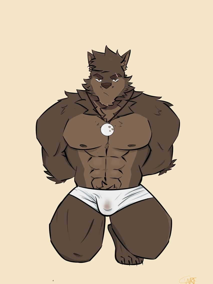 abs anthro brown_eyes canid canine canis captured erof_(far_beyond_the_world) far_beyond_the_world_(series) male mammal muscular muscular_male nipples scar solo underwear wolf