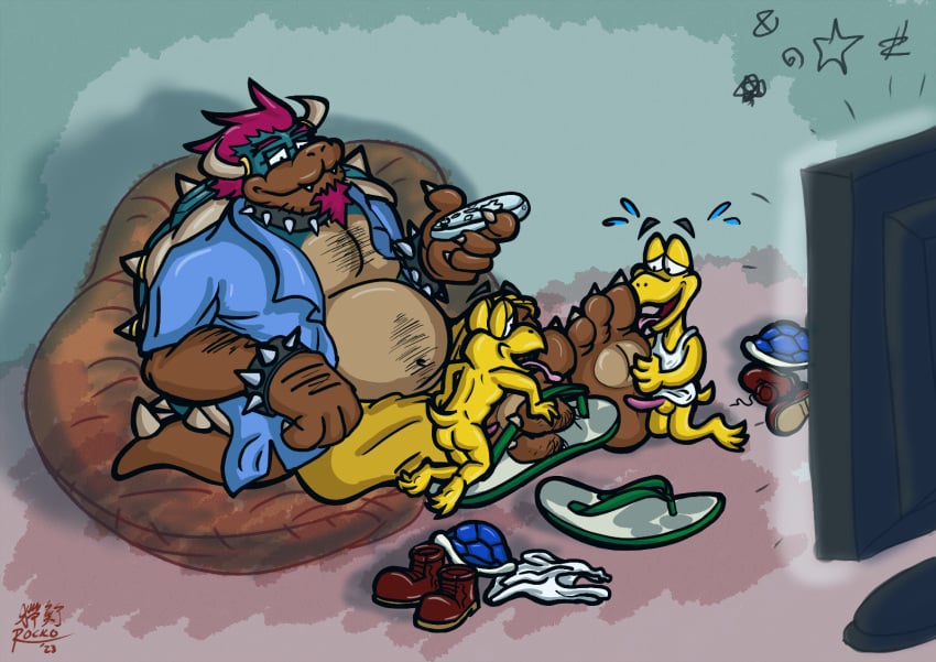 2023 3boys anthro arm_hair barefoot bean_bag beard belly_hair big_dom_small_sub blue_clothing blue_head blue_shell blue_shirt blue_topwear bodily_fluids body_hair bottomless bottomless_anthro bottomless_male bottomwear bowser's_brother bowser_day bracelet brown_body brown_scales chest_hair clothed clothed/nude clothed_male clothing collar colored controller dated digital_drawing_(artwork) digital_media_(artwork) discarded_shoes discarded_topwear dominant electronics erection eyewear facial_hair feet flip_flops flying_sweatdrops foot_fetish foot_grab foot_lick foot_play footwear genitals glasses group hair hi_res holding_controller holding_object holding_remote_control horn inside jewelry kneeling koopa koopa_troopa licking living_room male male/male mario_(series) nintendo nude open_clothing open_shirt open_topwear penis pink_penis red_beard red_facial_hair red_hair remote_control rocko_(artist) sandals scales scalie shell shell-less shirt shirt_only shoes shorts signature sitting_on_bean_bag size_difference spiked_bracelet spiked_collar spiked_shell spiked_tail spikes spikes_(anatomy) sweat sweatdrop tail tank_top tank_top_only television tongue topwear topwear_only trio two_subs_one_dom watching_tv wearing_glasses white_clothing white_shirt white_tank_top white_topwear yellow_body yellow_bottomwear yellow_clothing yellow_scales yellow_shorts