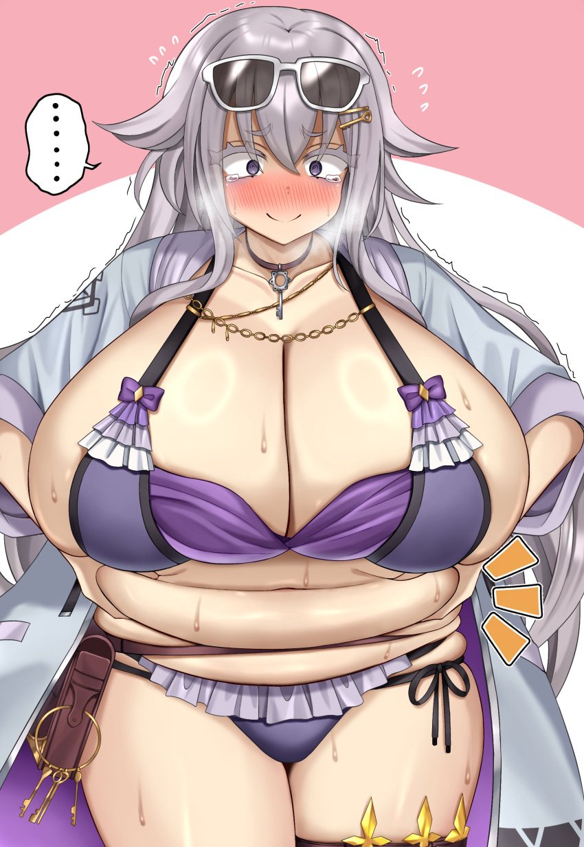 2d 2d_(artwork) 2d_artwork :) @_@ absurd_res absurdres annoyed annoyed_expression ass_length_hair bag bags_under_eyes bare_shoulders belly belly_fat belly_grab big_breasts big_legs big_thighs bikini blush boob_window breasts breasts_bigger_than_head chubby chubby_female cleavage cowboy_shot cross curvaceous curvy curvy_body curvy_female curvy_figure embarrassed embarrassed_face embarrassed_female fat fatty female female_focus female_only flower_knight_girl frilled_bikini frills gigantic_breasts grabbing_belly gray_hair grey_hair hair_between_eyes hair_ornament hairpin hi_res highres huge_breasts huge_legs huge_thighs key large_breasts large_legs large_thighs long_hair massive_breasts massive_thighs messy_hair navel obese obese_female official_alternate_costume open_mouth outdoors overweight overweight_female palm_tree plump purple_bikini satchel shiny_skin sideboob sidelocks sigillaria_(flower_knight_girl) silver_hair skindentation sky solo solo_female solo_focus standing stomach stomach_grab string_bikini sunglasses sunglasses_on_head sweat sweatdrop sweating sweaty sweaty_body sweaty_breasts swimsuit tear tearing_up tears thick_arms thick_legs thick_thighs thigh_strap thighs tree twitter_link very_long_hair voluptuous voluptuous_female weight_conscious weight_gain zawashi_(zawashio1013)