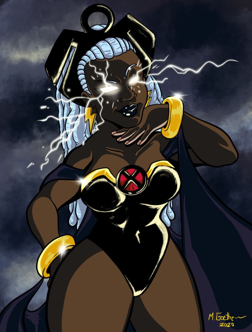 black_leotard black_lips blue_eyes bracelet breasts cape clothing dark-skinned_female dark_skin dreadlocks earrings electricity female glowing glowing_eyes hand_on_hip jewelry leotard lightning lips lipstick long_hair marvel marvel_comics medium_breasts no_pupils ororo_munroe shadowgoethe solo storm_(x-men) tagme thighs very_dark_skin white_eyes white_hair x-men