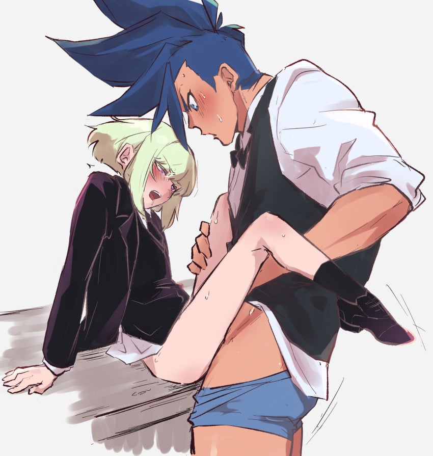 2boys absurdres anal anal_sex aus_vaka bishounen black_jacket black_neckwear black_vest blue_eyes blue_hair blush bow bowtie boxers boxers_pull commentary_request femboy galo_thymos gay girly green_hair hand_on_another's_leg highres holding_legs jacket leg_grab lio_fotia long_sleeves male_only male_underwear multiple_boys open_mouth promare purple_eyes saliva sex shirt sitting sitting_on_table size_difference spiked_hair sweat sweatdrop underwear vest white_shirt yaoi