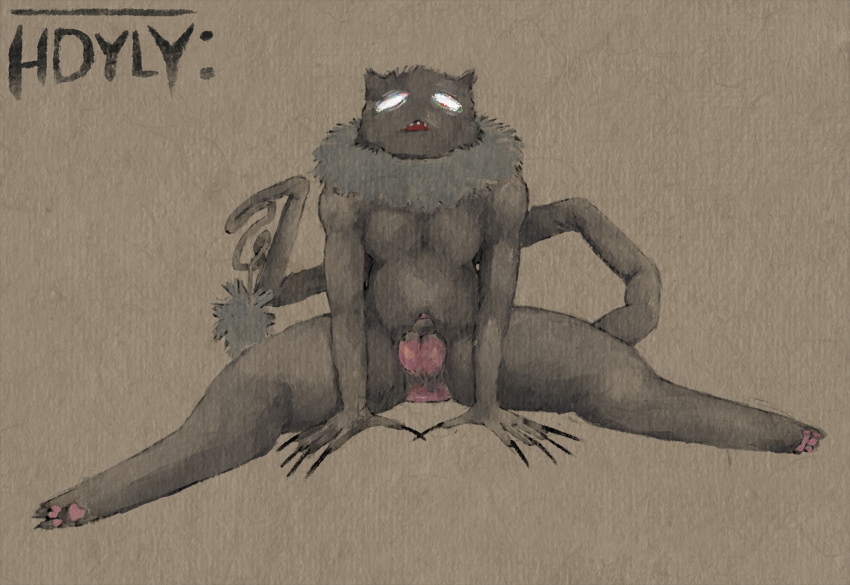 absurd_res animal_genitalia anthro anus artist_logo artist_name balls black_body black_fur bodily_fluids casual_nudity cryptid digitigrade fur genitals hdyly hi_res logo long_tail male neck_tuft nude pawpads penis penis_tip prehensile_tail seraphix sheath signature sitting sitting_on_ground solo spread_anus spread_legs spreading tail tail_tuft tuft white_eyes