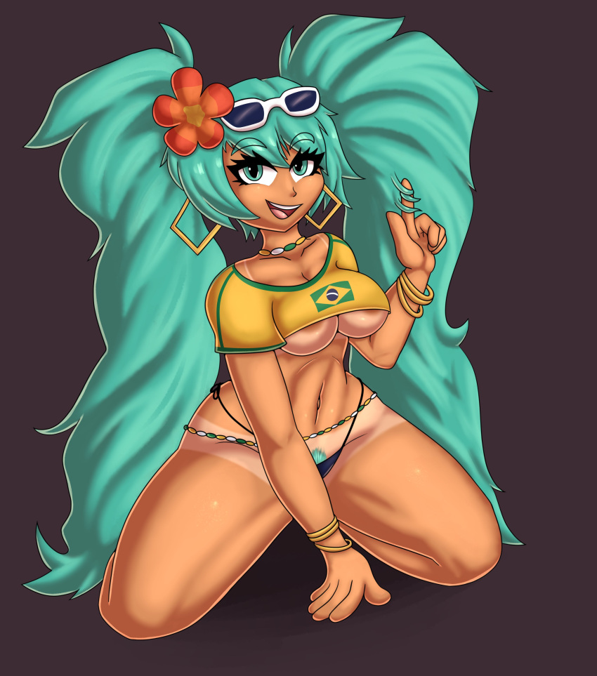 2d areolae areolae_slip big_breasts bikini_bottom bikini_tan blue_eyes bracelet brazil brazilian brazilian_female brazilian_miku breasts busty crop_top earrings female female_focus female_only flower_in_hair hatsune_miku hourglass_figure jakelnsfw long_hair navel necklace pinup pinup_pose pose posing pubes pubic_hair pubic_hair_peek skimpy skimpy_clothes sunglasses_on_head tagme tan tan_body tan_skin thong_bikini turquoise_hair twintails underboob vocaloid waist_chain wide_hips