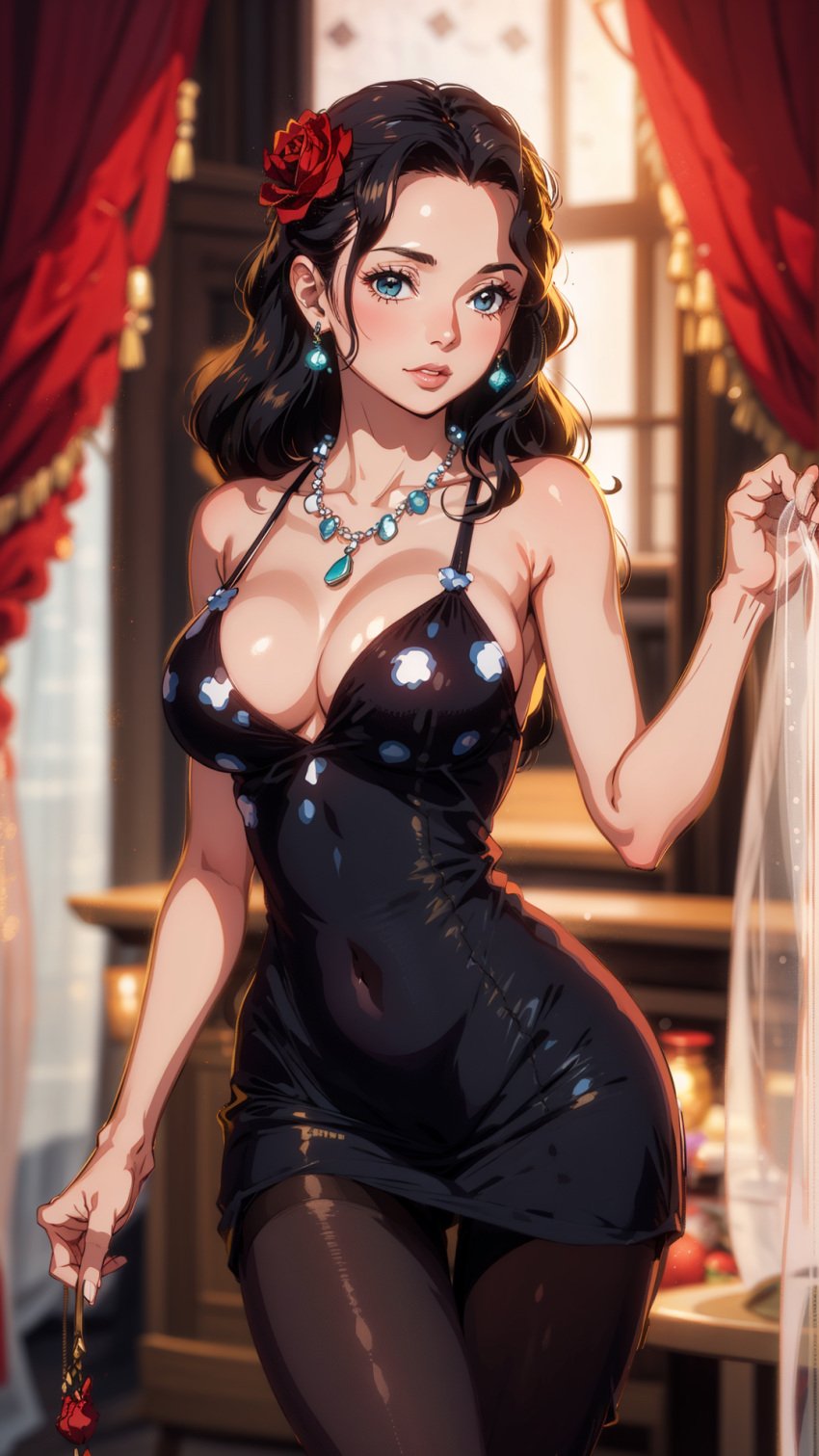 1girls 9:16 ai_generated black_dress black_pantyhose blue_eyes breasts brown_hair cleavage dress female female_only flower flower_in_hair glasses indoors large_breasts light-skinned_female light_skin looking_at_viewer one_piece pantyhose solo standing viola_(one_piece) zileanbabyaight