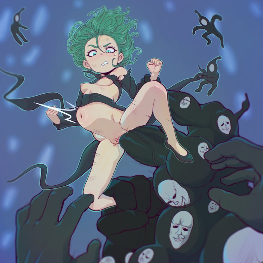 1boy 1girls black_sperm eco19 female female_focus green_eyes green_hair monster one-punch_man pale-skinned_female pale_skin ripped_clothing short_hair small_breasts solo solo_female solo_focus tatsumaki vaginal_insertion vaginal_penetration vaginal_sex