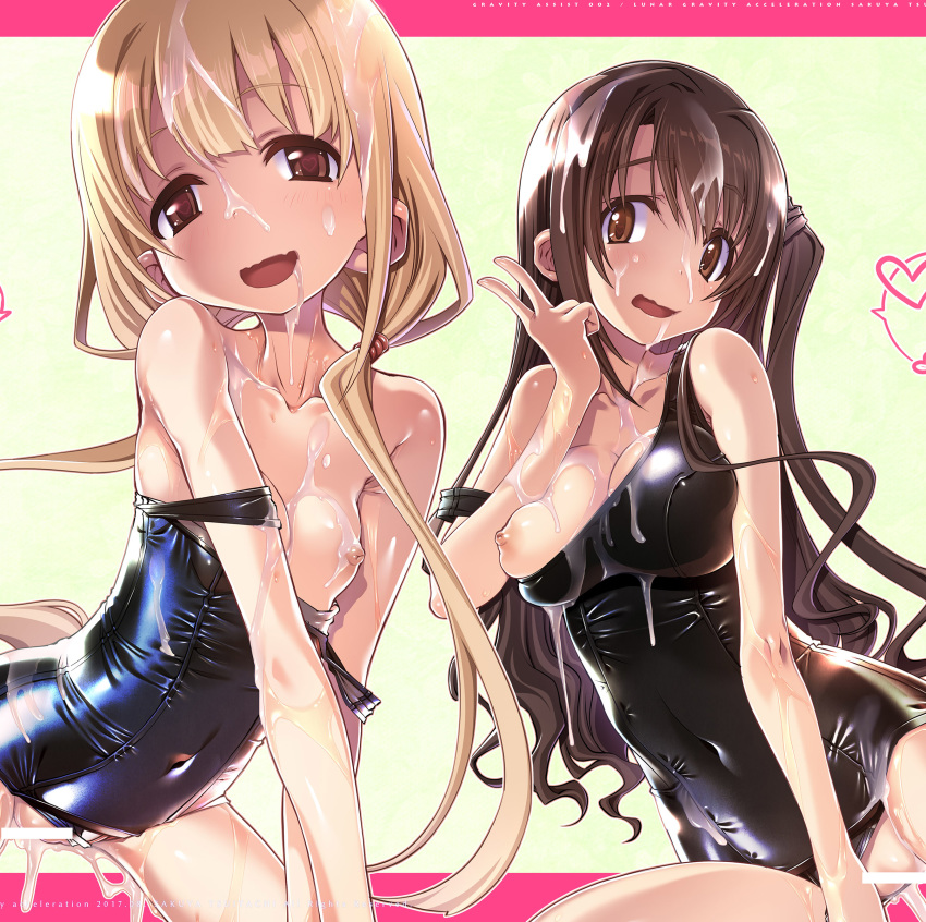 2girls :d absurdres bar_censor blonde_hair breasts brown_eyes brown_hair bukkake censored cleavage covered_navel cum futaba_anzu heart highres idolmaster idolmaster_cinderella_girls long_hair multiple_girls nipples one-piece_swimsuit open_mouth sakuya_tsuitachi school_swimsuit shimamura_uzuki smile swimsuit twintails v