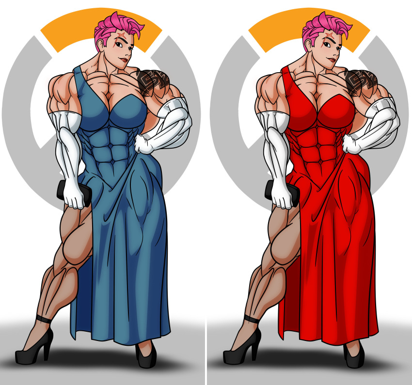 1girls 2d abs big_muscles blizzard_entertainment breasts dress elbow_gloves extreme_muscles female female_only gloves high_heels muscles muscular_female overwatch rssam000 scar solo stockings tattoos zarya