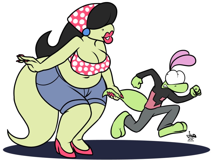 2d anthro aunt aunt_and_nephew belly black_hair chubby chubby_female covered_eyes cute digital_media_(artwork) female grabbing grabbing_from_behind grabbing_tail green_body heels jamearts jeanie_(jamearts) jewelry jimmy_(jamearts) legs lizard lizard_girl lizard_tail lizardman male medium_breasts nails nails_painted nephew polka_dot red_nails running_away scalie size_difference smile smiling tail thick_legs thighs transparent_background