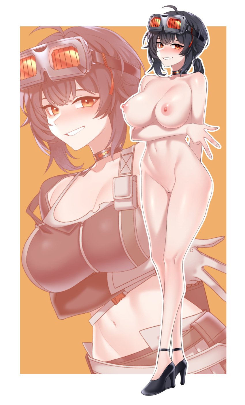 absurdres ahoge bare_shoulders black_hair breasts dogs_(dlrkdejr26) female goggles goggles_on_head grace_howard hair_between_eyes high_heels highres large_breasts looking_at_viewer navel nude orange_eyes pussy solo uncensored zenless_zone_zero